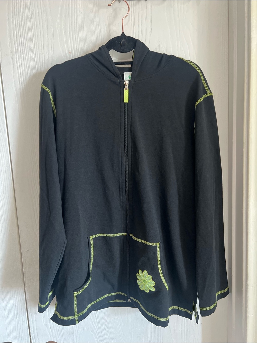 The Quacker Factory Zip Up Jacket Size S Rhinestones Flower Black Green Stitch